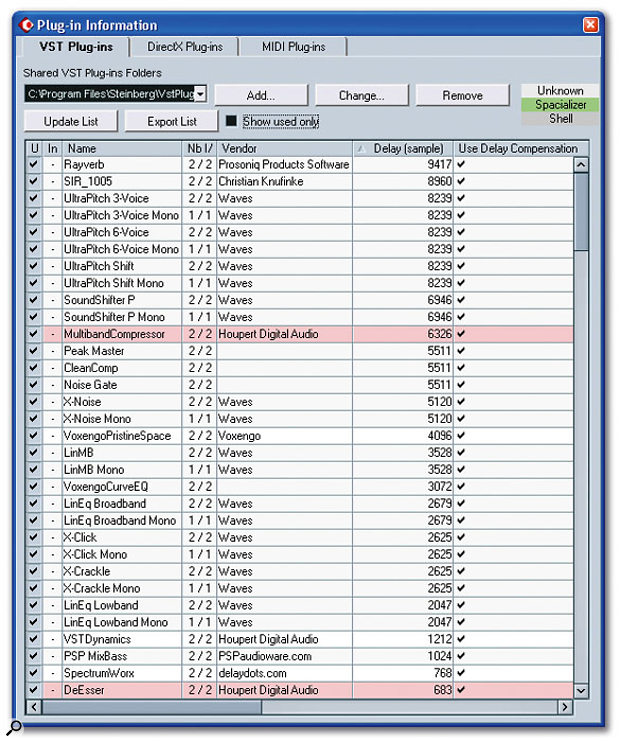 Some plug-ins add latency to the audio path, as revealed by this Plug-In Information window in Cubase SX. The window shows which plug-ins exhibit additional latency when used, and whether or not to automatically compensate for it.