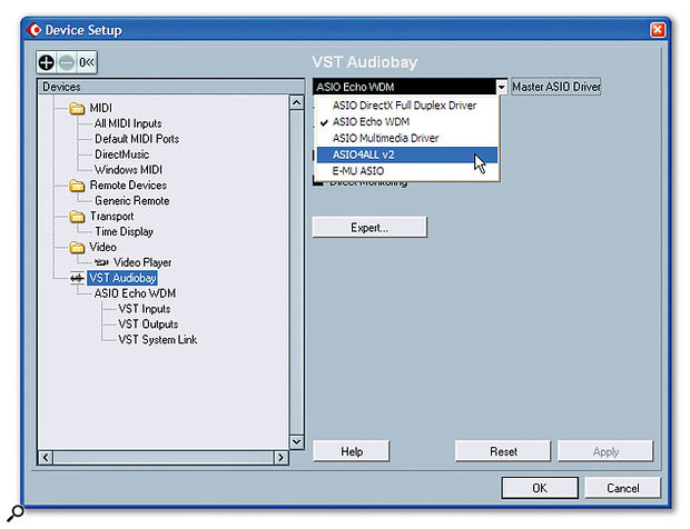 Cubase SX3, an ASIO-compatible host application, allows only one driver at a time to be selected in its Device Setup window, although it may be possible (using special drivers like ASIO4ALL, highlighted here) to persuade several interfaces to run with one driver.