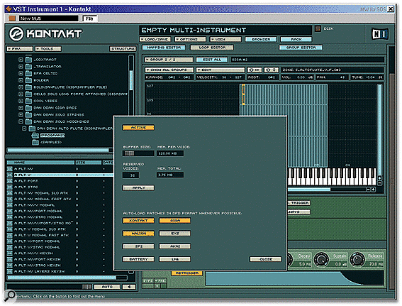 If your soft sampler offers disk streaming this can shift resource consumption considerably. This imported Gigastudio instrument needed 175MB of system RAM to load, but activating the Kontakt 1.2 DFD (Direct From Disk) extension created a new Kontakt-format file set of 185MB, and then system RAM usage dropped by a similar amount, although of course there is more disk activity.