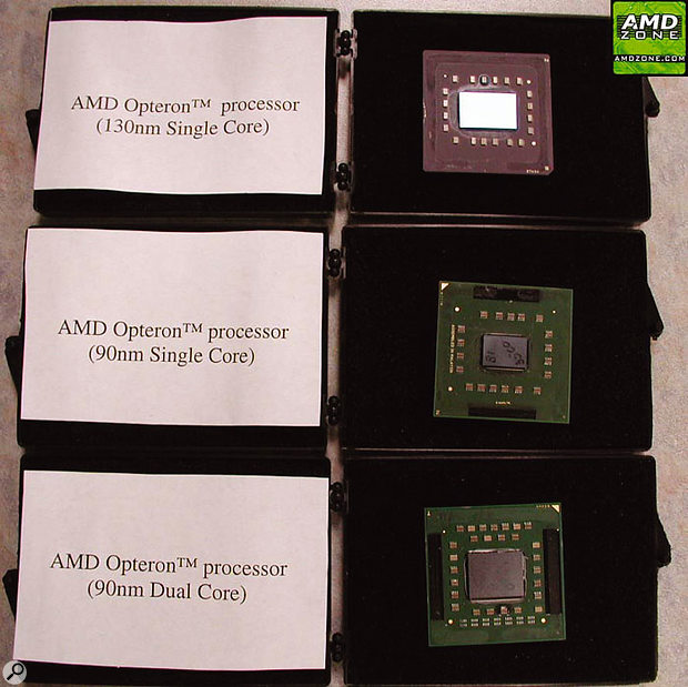 This photograph, courtesy of AMD Zone, shows that a dual-core Opteron processor could use exactly the same package as a single-core model, providing a possible upgrade path for owners of some existing Opteron motherboards after a BIOS update.