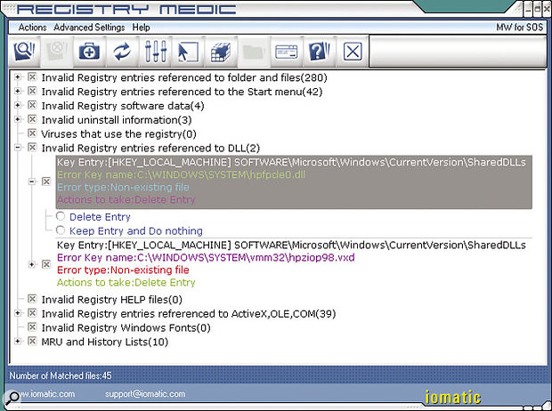 Iomatic's Registry Medic can automatically scan for and repair a large variety of Registry problems. Most importantly, it backs up anything you might have changed, just in case you ever subsequently run into problems. You can see in this screenshot that over 300 errors have been found and 45 missing files traced to other locations.