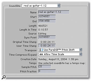 The Transpose pop-up menu in the Soundbite window's info pane is where you can choose between Standard and PureDSP pitch-shift algorithms.