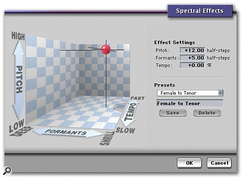 The Spectral Effects window is an intuitive front end for DP's PureDSP pitch algorithm, and can also be used to time-compress (or expand) audio.