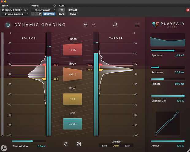 An instance of Dynamic Grading inserted on a stereo drum bus, with a compression ratio of 4:1 acting on the Body, and a little 1:1.5 expansion ratio for the Punch, giving the effect of pushing up the transients. An instance of Dynamic Grading inserted on a stereo drum bus, with a compression ratio of 4:1 acting on the Body, and a little 1:1.5 expansion ratio for the Punch, giving the effect of pushing up the transients.