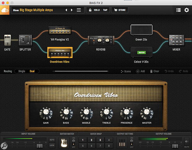 The signal can be split and recombined, to create parallel effects/processing/amp paths.