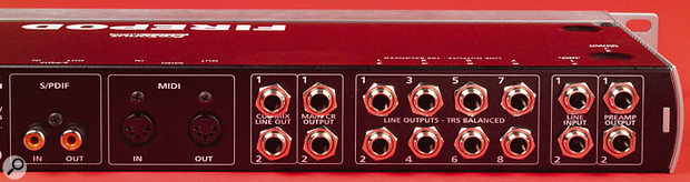 The Firepod's analogue interfacing includes an insert send/return loop on inputs 1 and 2 (right), plus eight balanced outputs and the Main and Cue outs, which allow you to monitor input signals at zero latency.