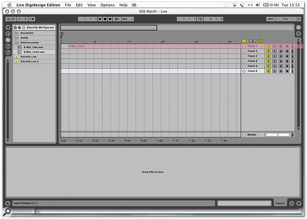 Audio files are added to Live tracks by dragging from the browser at the left-hand side of the arrange page.