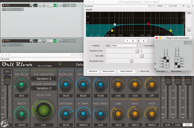 High‑ and low‑pass filtering a reverb can help it sit better in the mix. Neatly, Cockos Reaper can EQ the send differently for every source: each plug‑in’s connector pin matrix allows you to route its output to separate channels on the same track, while letting the main signal through unaltered.