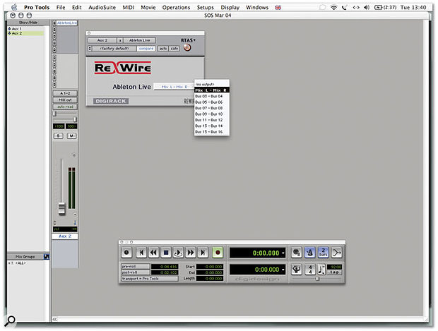 I've inserted the Ableton Live Rewire plug-in in my aux track, and I now need to choose which Live channels should be brought back into Pro Tools on that track. 