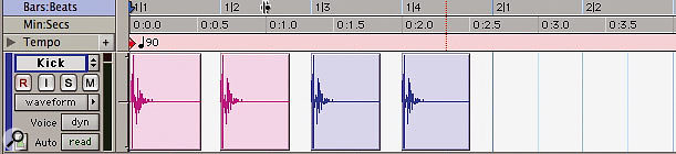 3: In tick-based mode, the regions follow tempo changes.