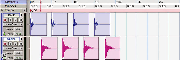 6: If we separate the snare region into individual hits, they will now follow tempo changes in the same way as our kick part.