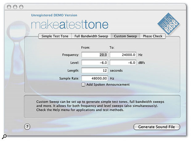 Audio Ease's Make A Test Tone is a Mac OS X utility that can generate test tones for many situations, including sine sweeps and signals to help you check the phase of your speakers.