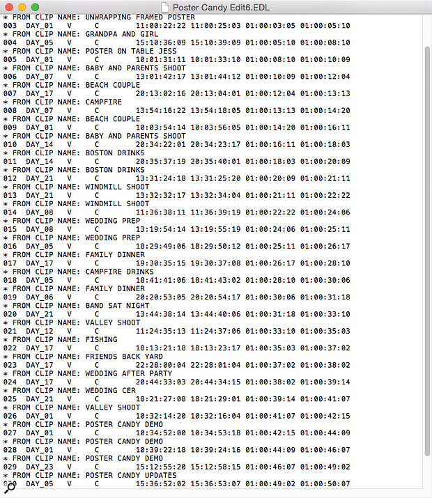 A typical Edit Decision List as it appears in TextEdit.