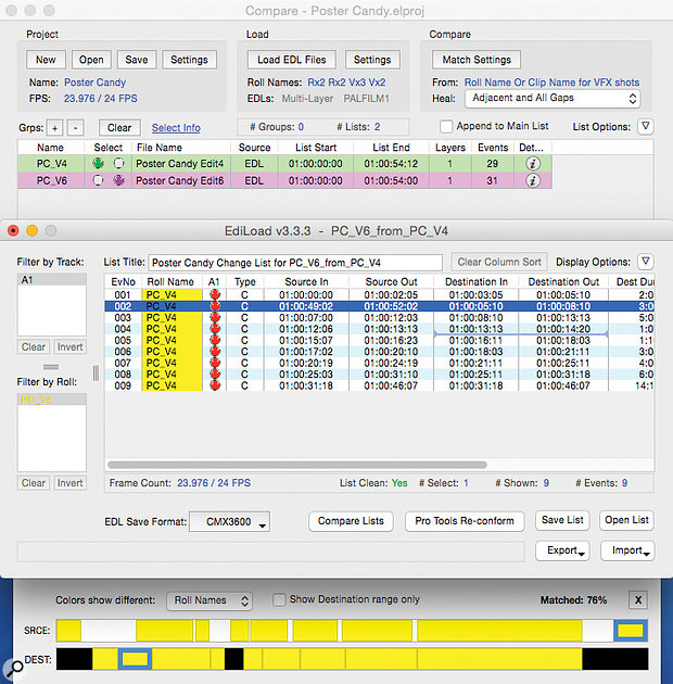 Re-conforming using EdiLoad. Two EDLs are compared, and any differences are applied within the Pro Tools session.