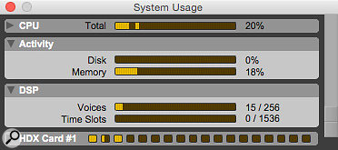 Voices are among the system resources that you can keep tabs on in the System Usage window. Since Pro Tools 11, however, each HDX card has 64 extra ‘hidden’ voices used for mixer routing that don’t show up here.