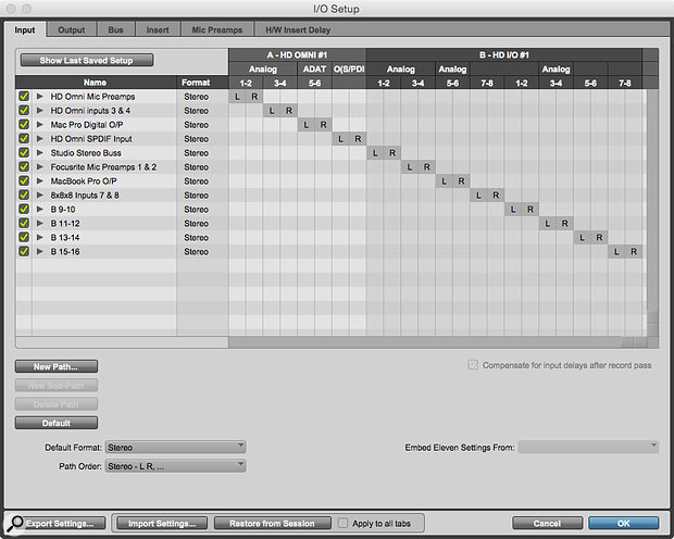 Many physical interfaces don’t use all of the possible inputs an HDX card can achieve — with an HD Omni and HD I/O connected, I get a total of 24 mono inputs.