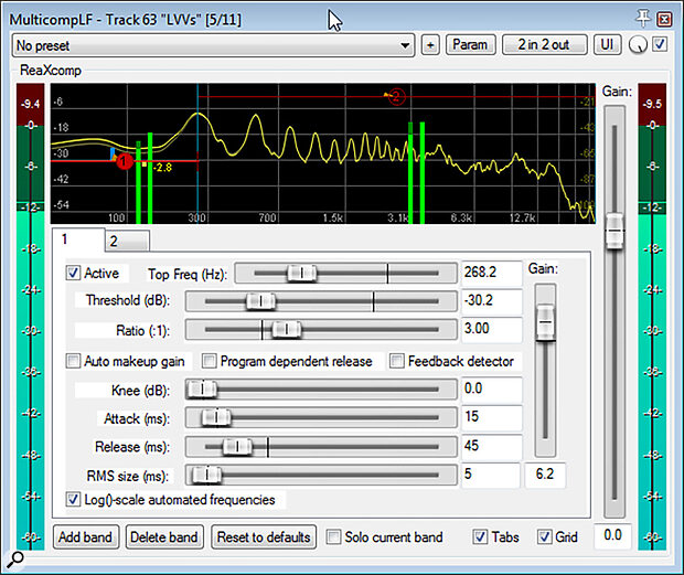 Multiband dynamics control at the frequency extremes can help compensate for tonal variations caused by the singer’s movements while recording.