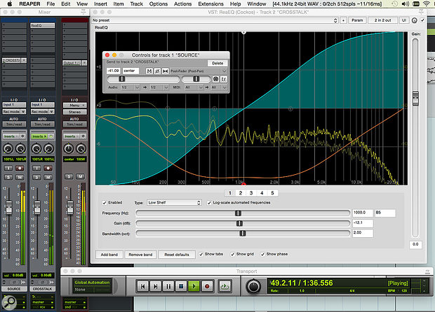 Simulating, in Reaper, the crosstalk that results from capacitive coupling in analogue audio electronics. Note that the channels are reversed on the Crosstalk bus, and that the EQ changes both the frequency and phase of the signal.