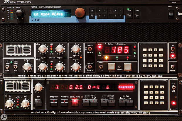 Much of a  high–end studio’s equipment budget in the 1980s would have been spent on high–quality algorithmic reverberators and delays — pictured here are an AMS DMX 15-80 S delay unit (middle), the AMS RMX 16 reverb (bottom) and, just making it into the 80s, the Lexicon PCM70 reverb (top). But even high–end studios would try to make the most of their investments by using these as send effects that could be applied to many tracks at once.