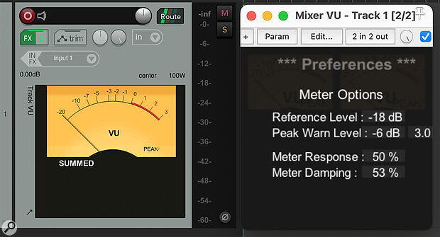 A VU meter embedded in a Reaper track control panel, along with the settings used.