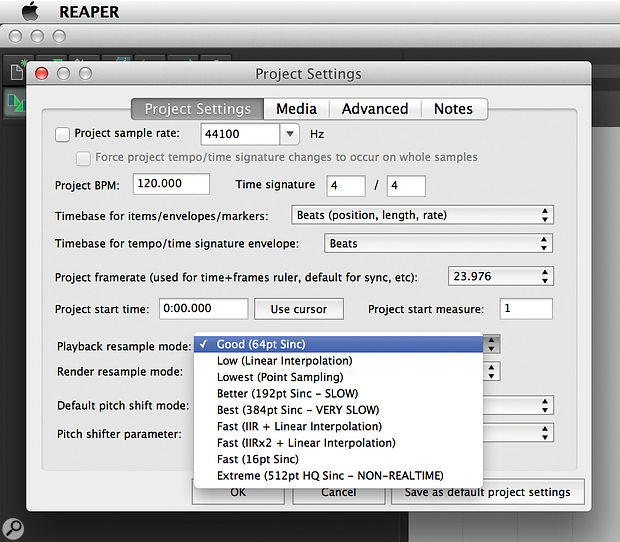 Setting Cockos Reaper’s playback resample mode.