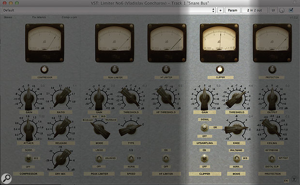 The Clipper section of Vladislav Goncharov’s excellent freeware Limiter No6 can be a  really useful tool for certain drum sounds, even if that’s not what it was created for. Just be sure to turn off any other sections you don’t need — for example, the limiter can ‘soften the edge’ of drum transients before the sound hits the clipping stage.