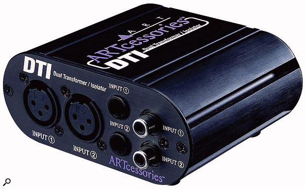 Phantom power shouldn’t be delivered to line outputs but you can never guarantee that a FOH mixer hasn’t been modified. A passive DI box or transformer isolator, such as the ART DTI, can protect audio interfaces from potential catastrophe when used on stage!