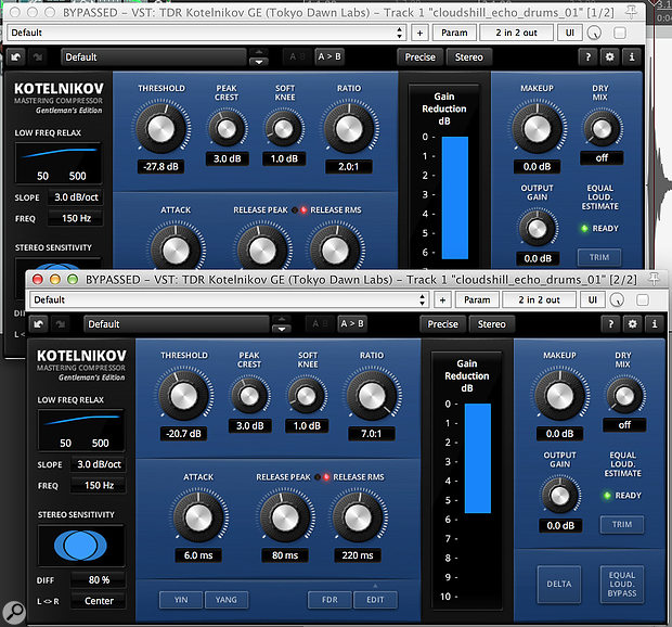 These two compressors are set with very different ratios and thresholds, but otherwise identically. They’re both knocking a maximum of about 6dB off the signal, but the results will sound very different!