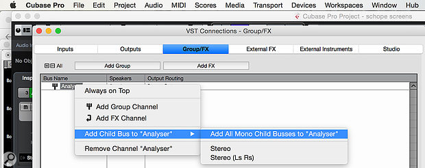 To make the most of a  multi-channel analyser plug-in, such as Schwa’s Schope, in Cubase you need to create a  Quadro Group or FX track, and you can reveal each of that track’s channels as individual send-routing destinations by adding all mono ‘Child Busses’.