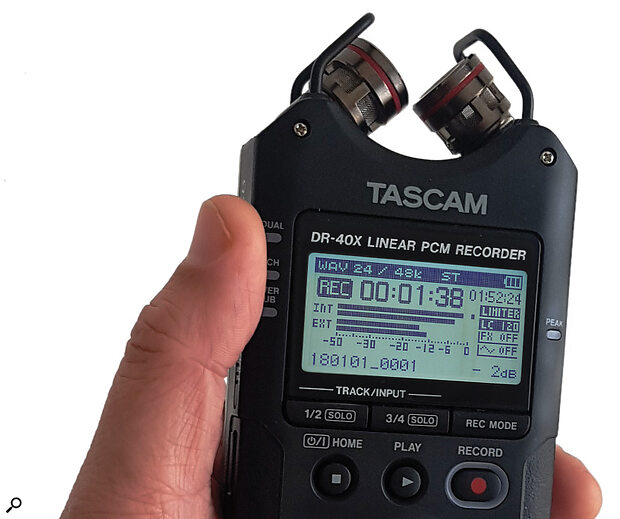 The cardioid capsules of stereo recorders and affordable stereo mics are often configured as a coincident X‑Y array. At practical distances when recording ensembles, though, the recording angle tends to result in a narrow image. But increasingly, as with this Tascam DR‑40X, you’re able to change the angle.