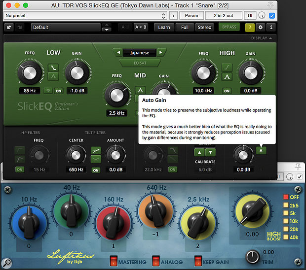 These two plug‑ins, Tokyo Dawn SlickEQ GE and lkjb’s Luftikus, both offer an ‘auto gain’ facility which matches the input and output levels to make it easier to judge the tonal differences being made by the plug‑ins. This can be useful — but there’s a good reason you can switch this function on and off!