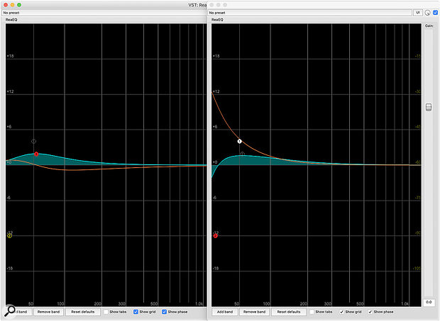 For about the same amount of broad LF boost with a  minimum-phase EQ, a  bell filter (left screen) results in less phase shift (red curve) than a  shelf coupled with a  high-pass filter (right screen).