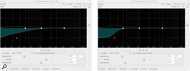 Reaper’s bundled ReaEQ has a tick box to display the phase‑shift resulting from the frequency boosts/cuts you dial in. Here, two instances are used to apply a low shelving cut of the same amount at the same frequency. But they have a different slope (the bandwidth setting is different). The resulting phase shifts are displayed as orange curves.