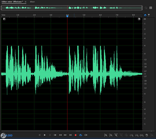 The same waveform with the DC offset removed using Adobe Audition.