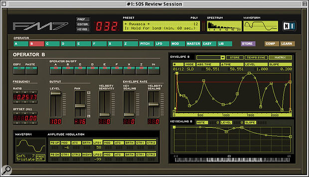 Native Instruments' FM7 soft synth is equipped with six operators, each with a 31-stage envelope which can be edited from this screen.