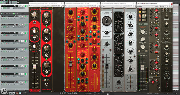 Some of the Modula plug-ins as they appear in your DAW, with all three panels visible simultaneously. The two on the left, Magenta 5 and Diamond Color EQ, are included with Modula. The others, Water and Taupe, are prototypes supplied for evaluation — they'll be paid plug-ins, but won't be publicly available until after Modula is released.