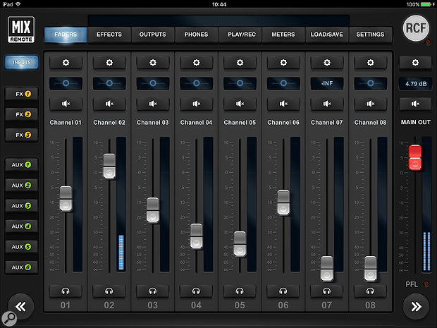 The main mix page of the MixRemote app.