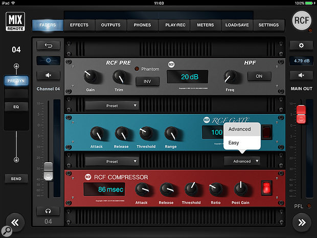 The per-channel gain control and dynamic-processing options are presented as a  virtual rack.