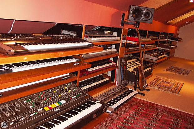 Just some of the racked-up keyboards the studio is crammed with. The keyboard bays are set up so that all the gear is readily movable and will function when plugged elsewhere.