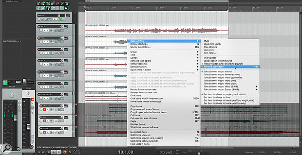 Here’s a reversed guide backing track, plus six vocal overdubs, all trimmed perfectly to the selection boundaries and ready to reverse and recombine with the session.