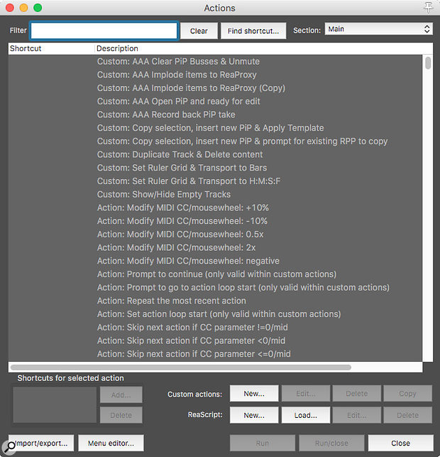 The Actions window. This is the starting point for diving into Reaper’s powerful keybinding and macro features.