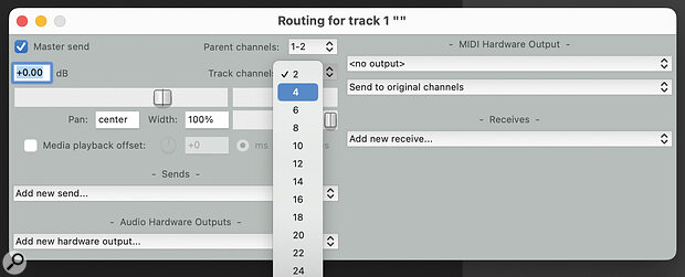 Increasing a track’s channel count in the Routing window.