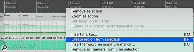 You can create regions in Reaper based either on the current timeline selection or, via some Actions, on the currently selected clips. 