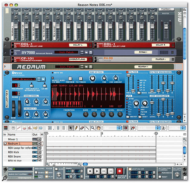 The initial rack, with Redrum and three instances of Dr:Rex, plus the 'To Track' events that trigger the loops' slices visible in the sequencer window.