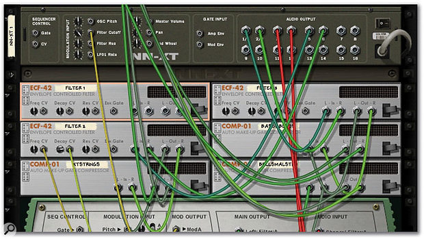 It's getting pretty busy back there, and I've tidied away some cables for clarity! Here, some of the parts of last month's one-finger NNXT patch are treated by ECF42s, followed by COMP01s to keep filter-induced level problems at bay.