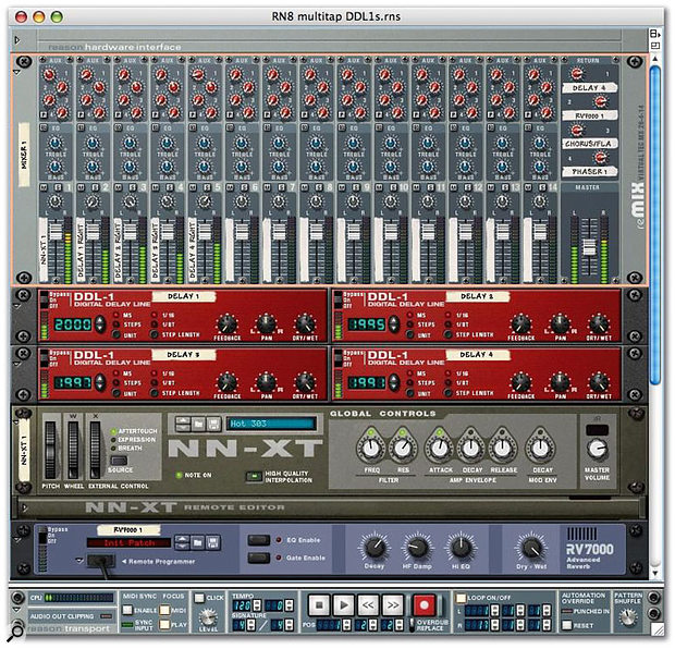 A simple multitap delay setup. The DDL1s are linked via the left ins and left outs, with their right outs patched to Remix input channels, to allow each tap to be panned and treated independently. Incidentally, the NNXT has a patch from the Reasonfreaks RF01 Refill, mentioned in the main text, loaded.