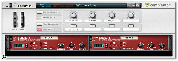 Figure 4: Front view of a delay unit created in the Combinator to produce true stereo delay processing.