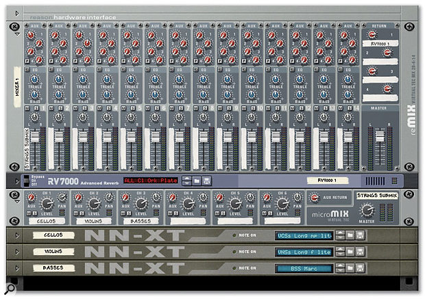 Figure 5: The submix (various string parts, in this example) is created in the Micromix submixer, whose output is then routed to channel 1 of the Remix, so that all the strings can be controlled by one fader.