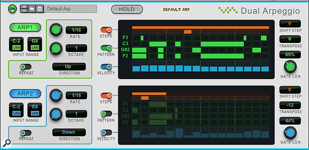 Screen 3: Varying the speeds, lengths, and offsets of the two arps results in syncopated polyrhythms.