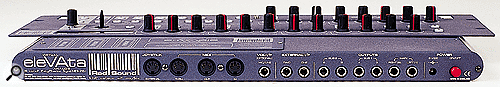 The front panel of the Elevata can be seen folded flat in this rear-panel view. In addition to the generous six audio outs and two audio ins, there are connections for an external joystick, as well as another input ready for use with the optional vocoder expansion.